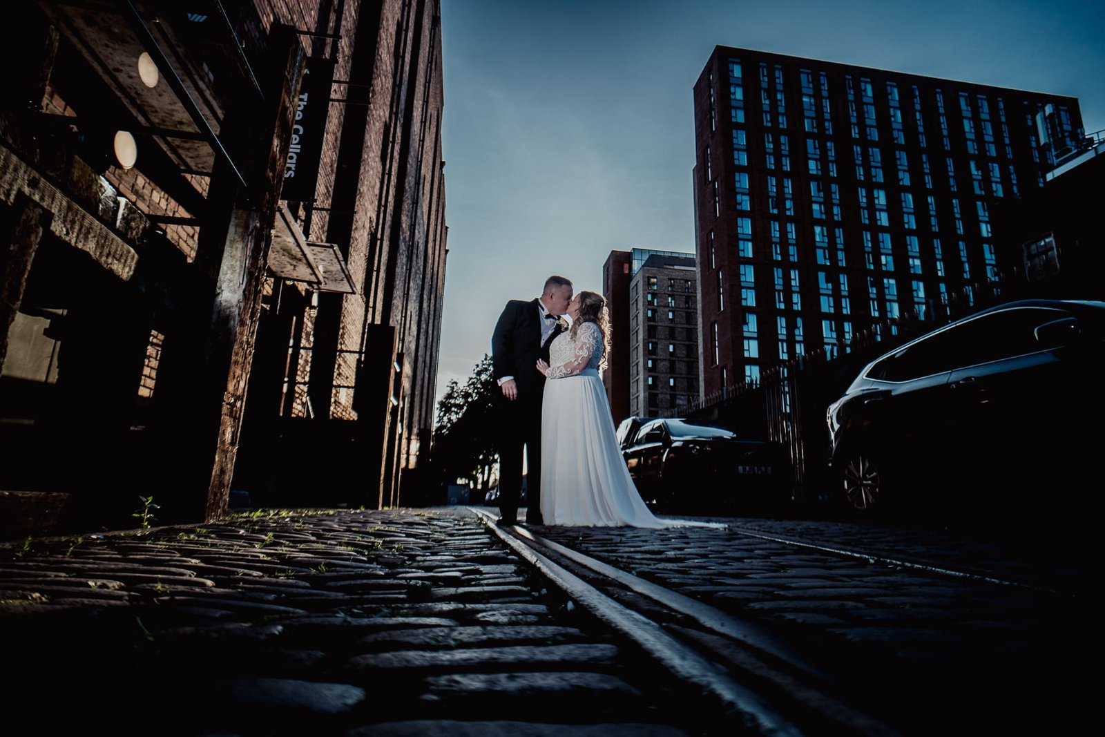 Victoria Warehouse Bride and Groom in alley outside